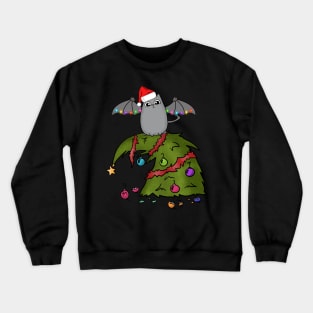 Bat Dragon Cat with Santa Hat on Christmas Tree Crewneck Sweatshirt